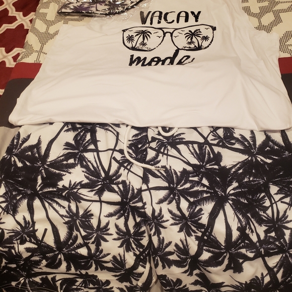 3pcs Set. White 'Vacay Mode' Tank Top with Palm Tree Print Shorts plus Hat - Picture 2 of 6